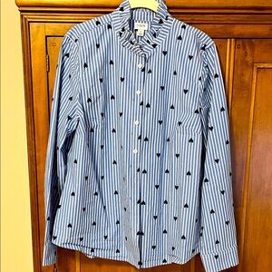 J. Crew Blue and White Striped Shirt with navy Hearts 
NWOT